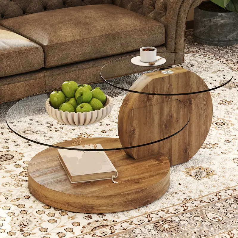 Durable Modern Round Glass Coffee Table | 42 Inch*17 Inch Double Layer Circle Table for Small Space Home Office, Easy to Assemble, Fashionable Design Feel