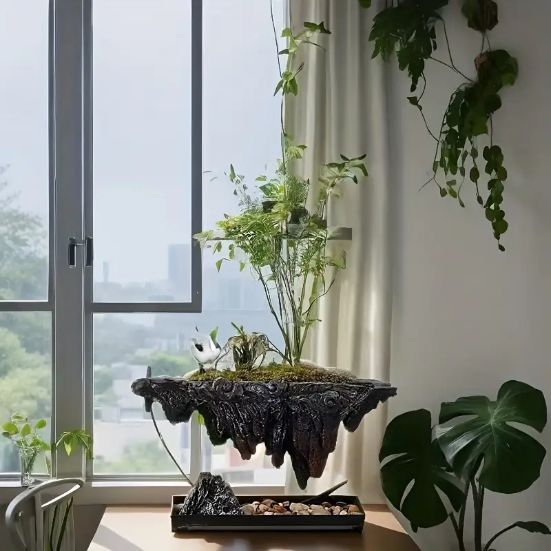Classic Creative Iron Art Suspended Inverted Mountain Resin Planter | for Home Office Desk Window Sill Patio Balcony, Indoor Outdoor Use, with Drainage Holes, Plant Stand Included