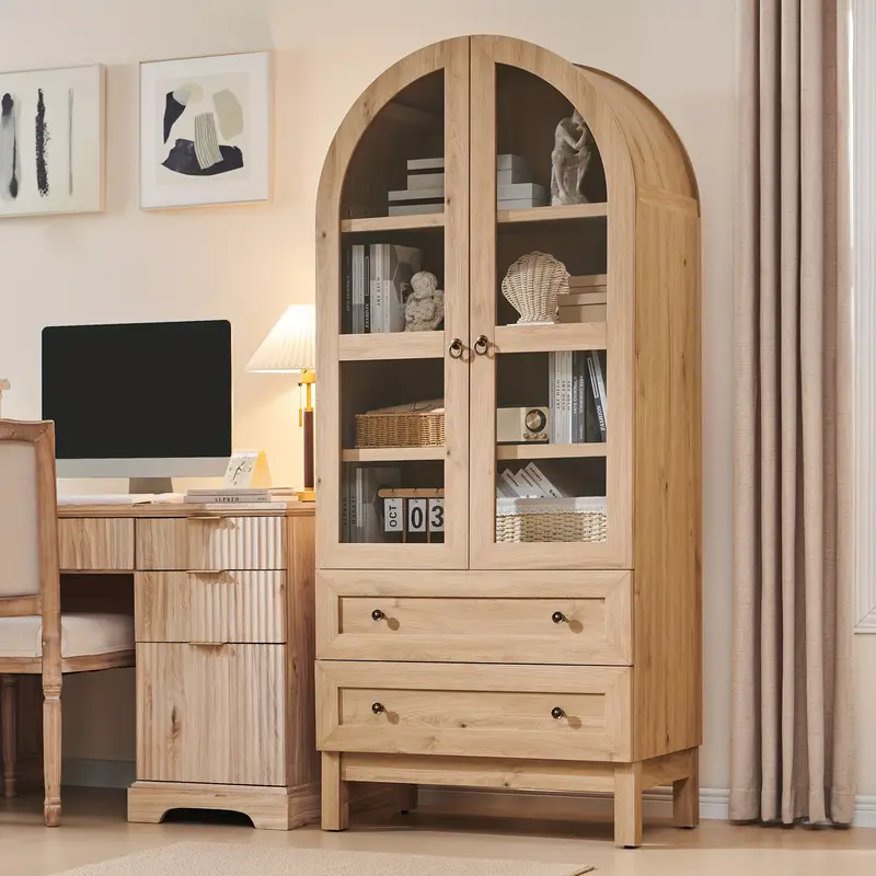 71" Tall Arched Bookshelf, 4-Tier Bookcase With Glass Doors And Shelves, Wooden Display Cabinet W/2 Large Storage Drawers,