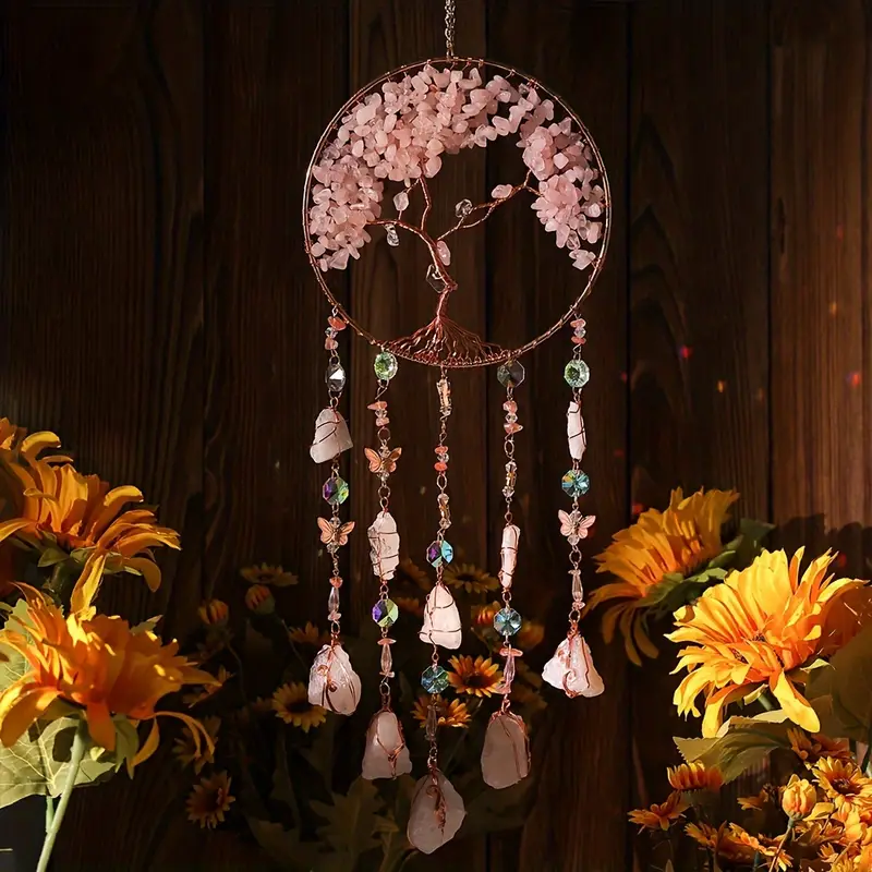 Handcrafted with Crystal Stones Pink Life Tree Dream Catcher - Contemporary Nordic-Inspired Wall Decor for Christmas & Home Ambiance