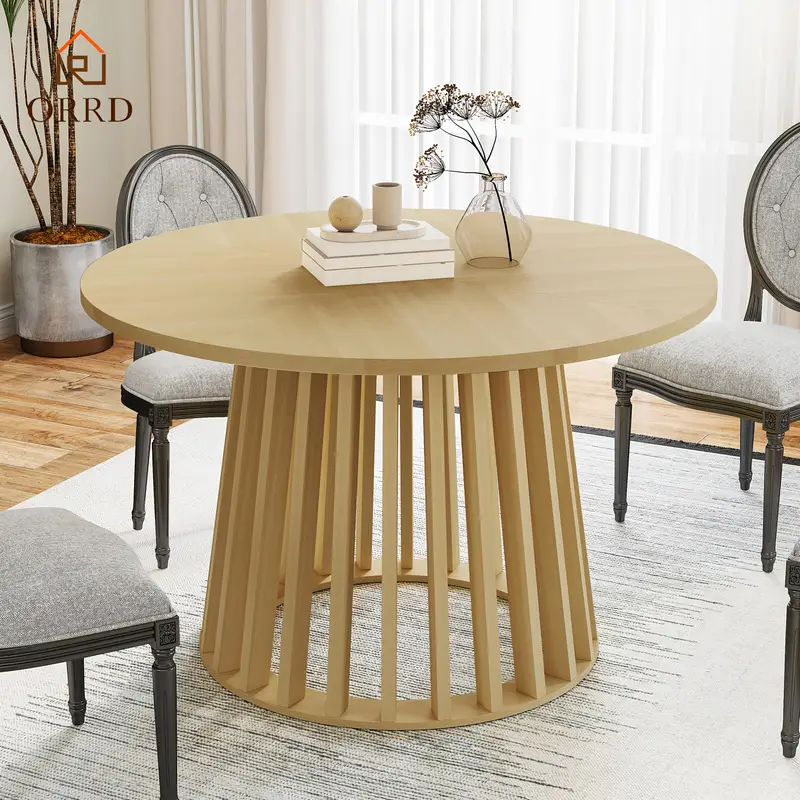 ORRD Round Dining Table For 4, Farmhouse 47 Inch Circle Kitchen Table, Rustic Dinner Table With Wood Strip Base, Easy-to-assemble Stylish Design Table For Dining Room Kitchen Living Room