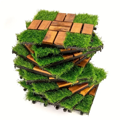 10/20pcs Mixed Grass And Terrace Tiles, Acacia Wood Interlocking Flooring | 12 X 12 Inches,