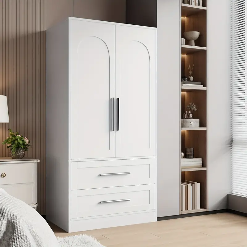 Modern 2 Drawers Wooden Wardrobe Closet | 16.2W X 31.2L X 43.5H Clothes Storage Cabinet With Shelves Aluminum Hook Rods And Handles,