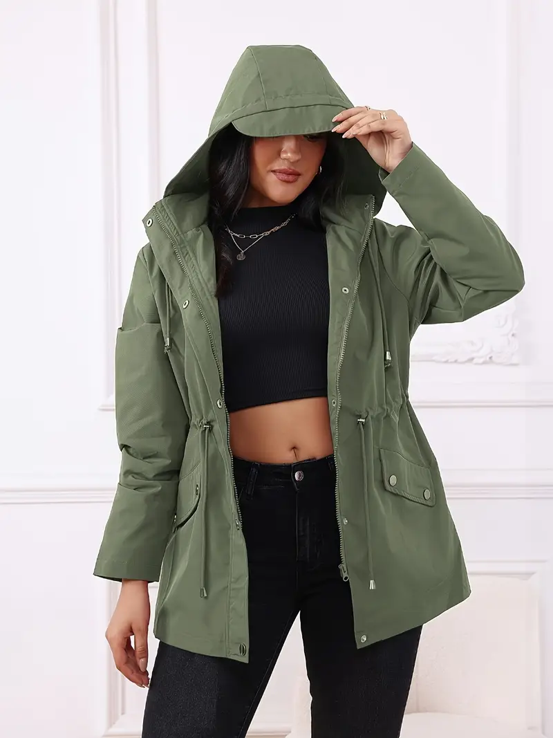 Women's Olive Green Hooded Windbreaker Jacket with Waist Drawstring & Full-Zip Closure - Mid-Length Outdoor Raincoat for Gym, Training, Casual Wear - Machine Washable Winter Coat with Adjustable Hem & Zippered Pockets,