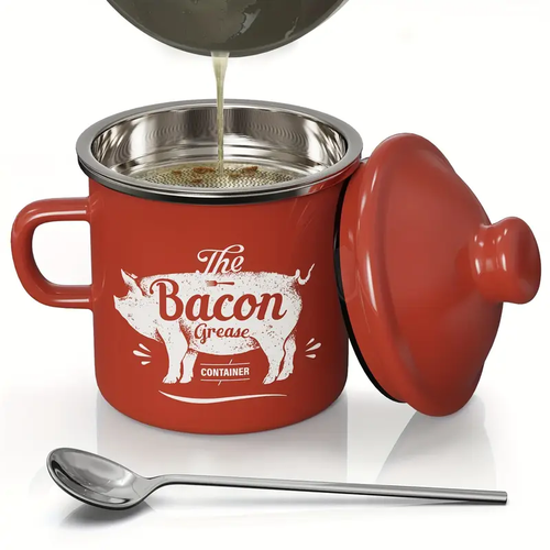 15oz Enamel Bacon Oil Preserver with Filter | Dishwasher Safe Kitchen Fat Storage Container | Red, Blue, White