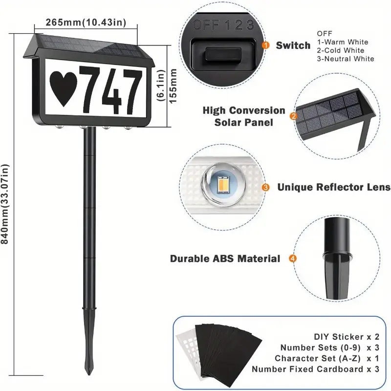 Solar-Powered Address Sign for Outside - IP65, 3-Color LED Illumination, Light Up Address Plaque with Automatic Sensor - Wall Mounted or Stake Mounted for Easy Visibility,