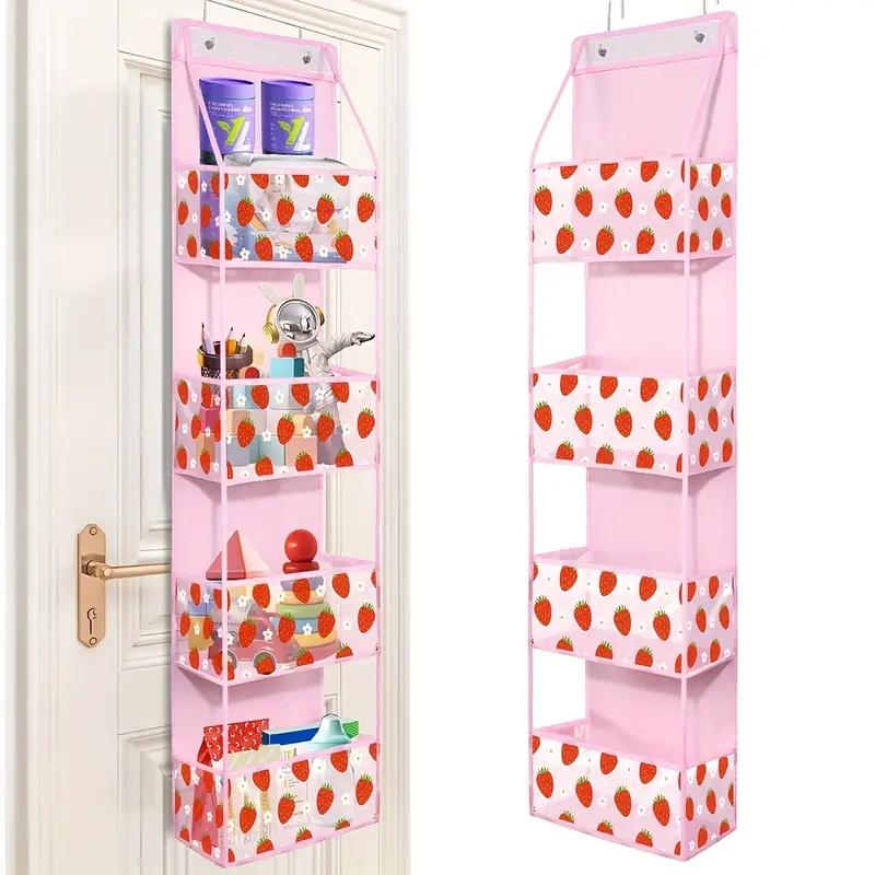 1pc Over the Door Hanging Organizer - 4 PVC Pockets with Flower Strawberry Pattern, Space-Saving Hanging Organizer,