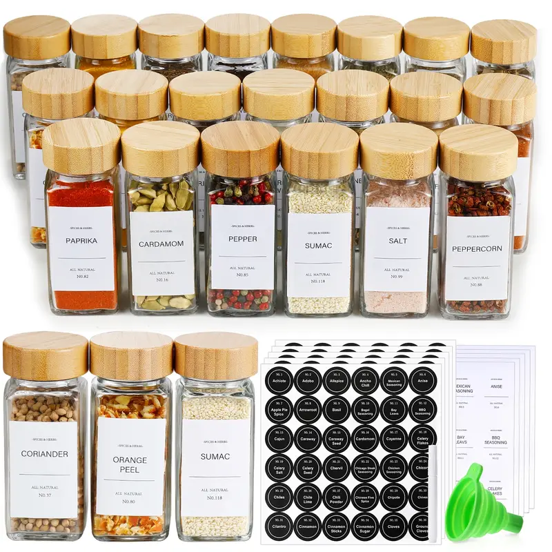 15/24/36pcs Glass Food Dispensing Jars - 4oz, with Bamboo Lids, Labeled Glass Jars with Collapsible Funnels, Spice Racks, Cupboards,